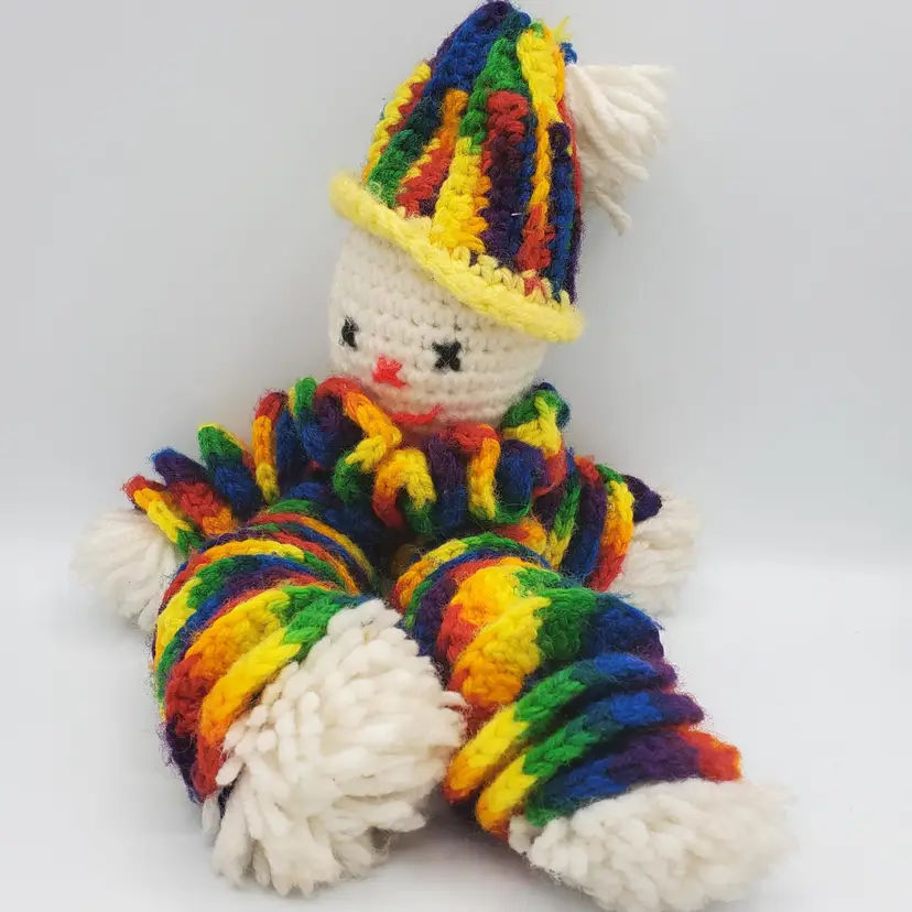 Handmade Knitted Rainbow Clown With Spiral Limbs