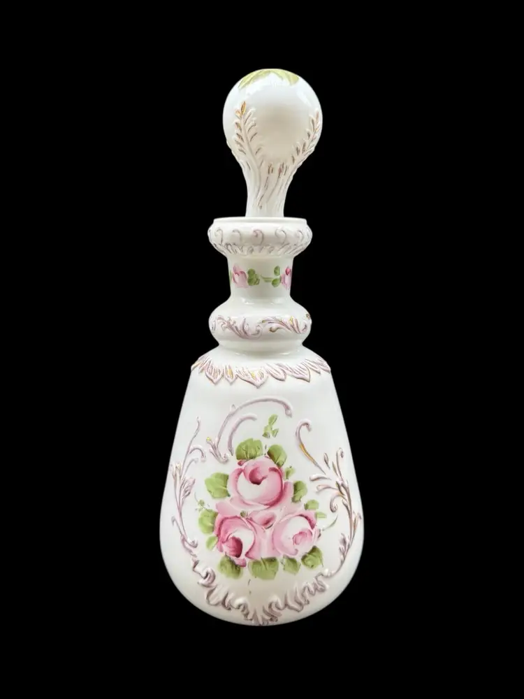 Charleton Roses Milk Glass Dresser Bottle (Kemple) & Stopper Vanity Cologne
