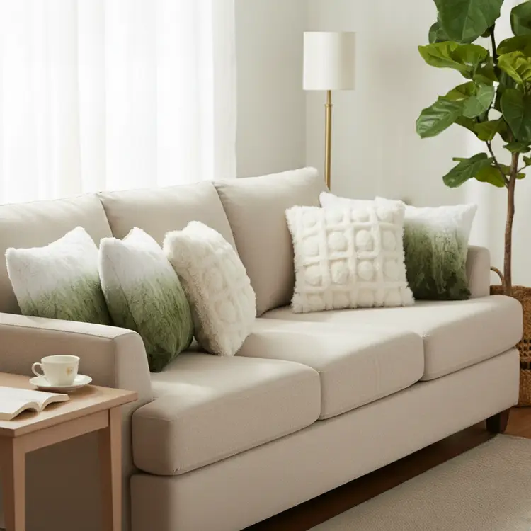 SOGA 6PC Cream Pom-Pom Grid & Ombre Faux Fur Pillow Covers 45cm Luxury Decorative Set