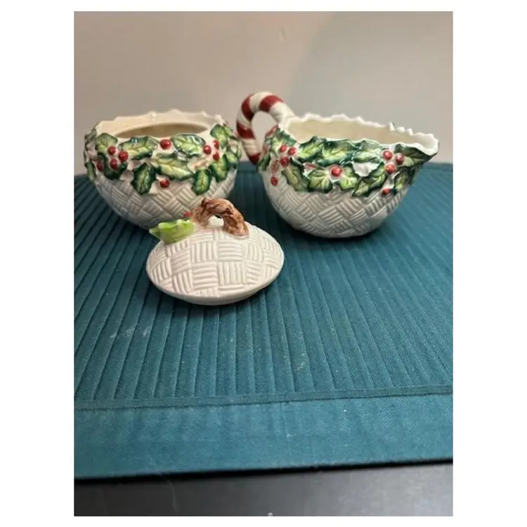 Fitz and Floyd Old World christmas holly basket weave,  creamer and sugar