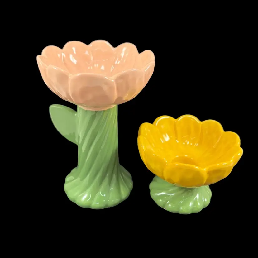 Pink And Yellow Flower Candlestick Holder, Ceramic Flower Candle Holders, Spring Decor