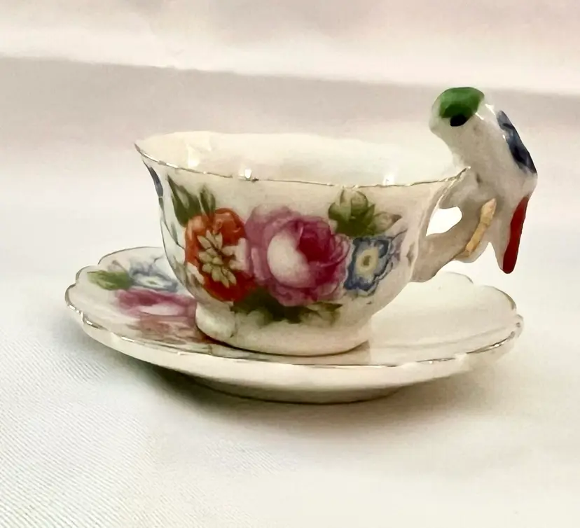 Miniature Cup & Saucer Japan Flowers Bird Gilt Roses Daisy Dainty Vintage