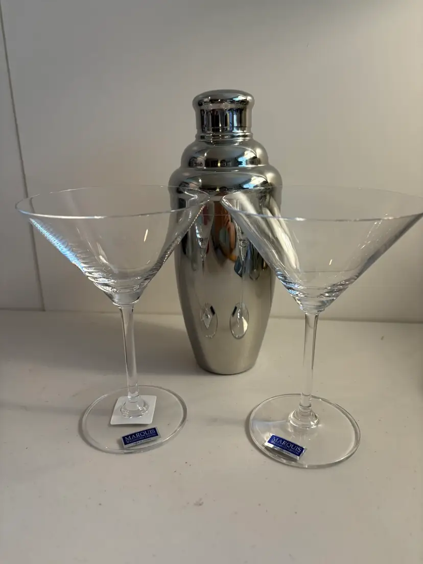 Marquis by Waterford martini glasses and shaker set - Vintage Bar Accessories