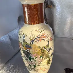 Vintage Japanese Satsuma Crackled Glazed Vase With Peacocks And Cherry Blossoms