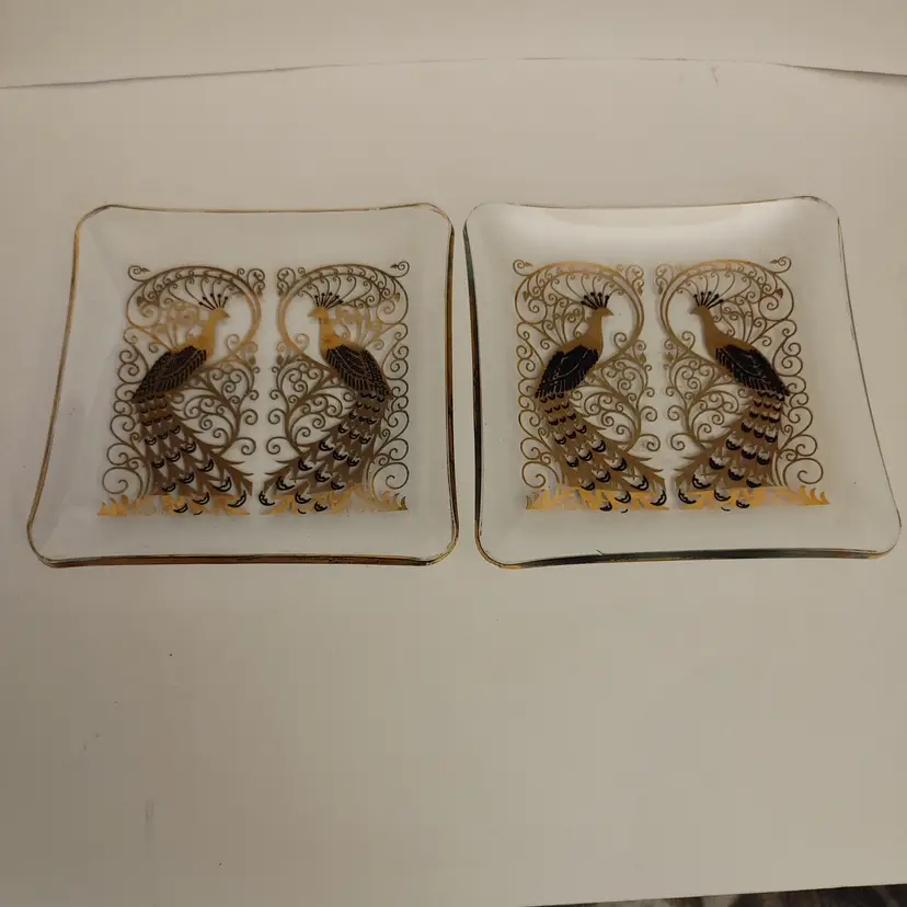 Vintage MCM Osborne Kemper Thomas gold and glass peacock trays. 4.5 x 4.5. Minor gold loss.