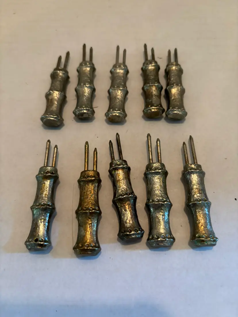 Vintage Set of 10 Silver Plated Faux Bamboo Shape Corn Cob Holders 2.25 in. Long