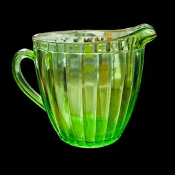Jeanette Glass Green Depression Glass Ribbed Pitcher Uranium Depression Glass 1930s, Glows Under Black Light