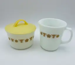 Vintage, Pyrex, Corning, NY USA, Gold “Butterfly” Pattern, Creamer & Covered Sugar Bowl. Nice Condition!