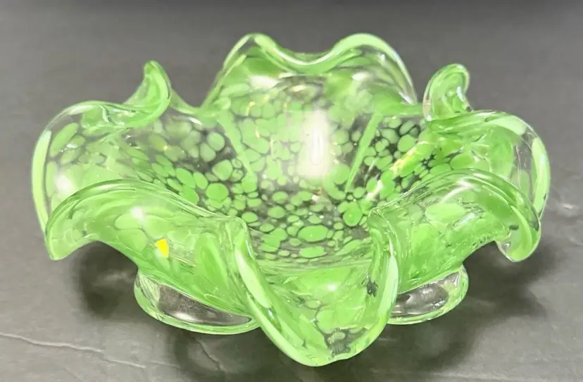 Murano Hand Blown Art Glass Bowl Ruffled Edges Italy Green Glass w Darker Green Spots