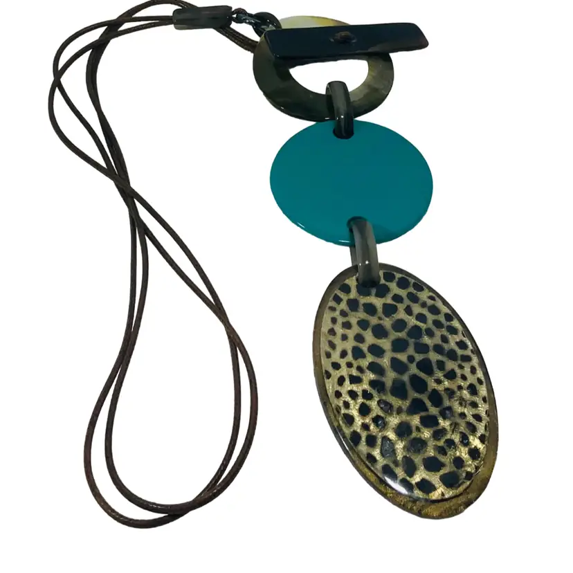 Vintage Costume Jewelry Chunky Necklace Abalone   Turquoise Gold Tone Animal Print Pendant Charm And Gold Tone Metal 