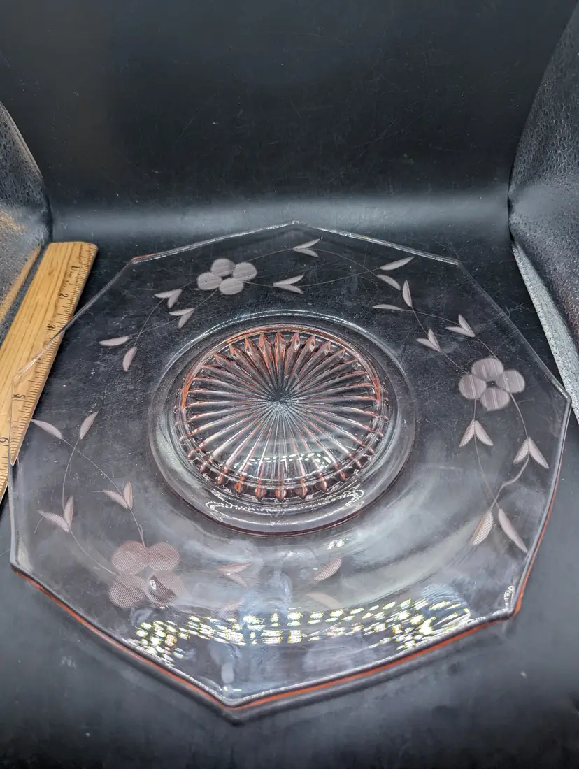 Vintage Depression Glass Pink 10" Octagonal Etched Floral Cake Plate