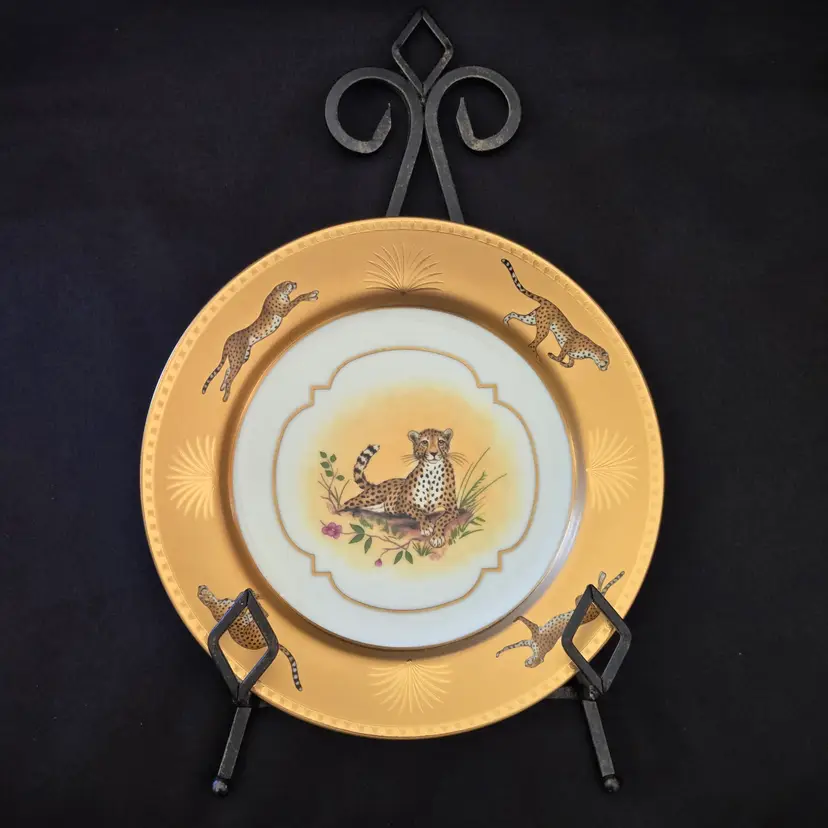 Lynn Chase Golden Cheetah Ceramic Plate 9" Diameter with Metal Wall Plate Hanger Vintage