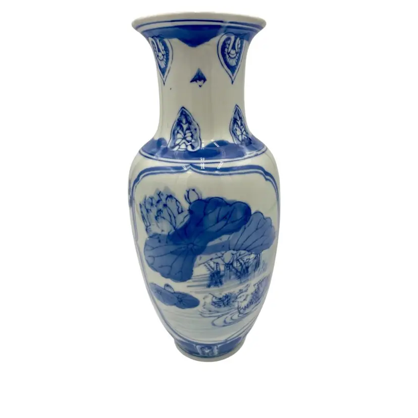Tall Vintage Blue and White Porcelain Vase, Chinoiserie, 11.75", Bird/Pond/Flora