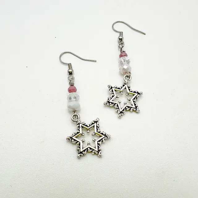 Snowflake Earrings Glass Bead Accents in White Purple Handmade