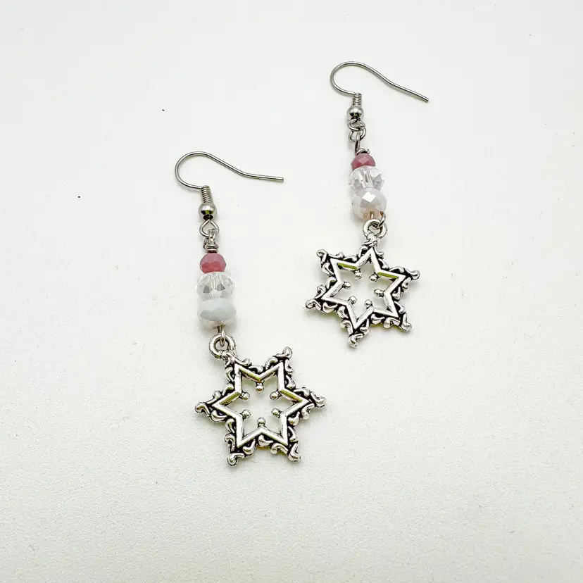 Snowflake Earrings Glass Bead Accents in White Purple Handmade