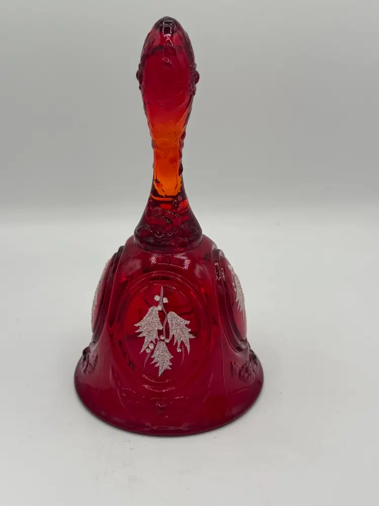 FENTON Hand Painted Amberina Ruby Red Signed Christmas Holly Bell Mint - Glows