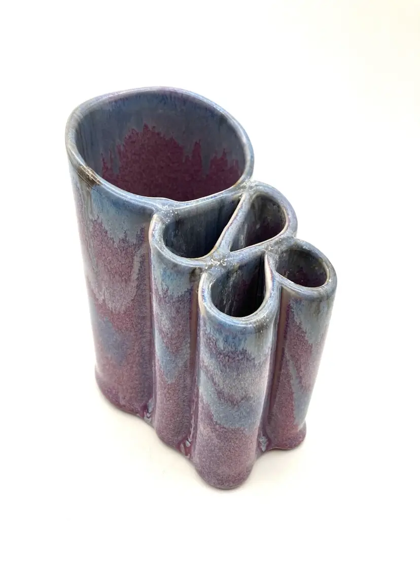21 - Bay Art Pottery 5-Barrel Ribbon Pen Or toothbrush Holder Organizer Vase Purple Blue Drip Glaze