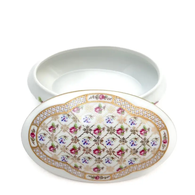 Vintage Limoges Castel Oval Porcelain Trinket Box with Roses and gilded trim lid