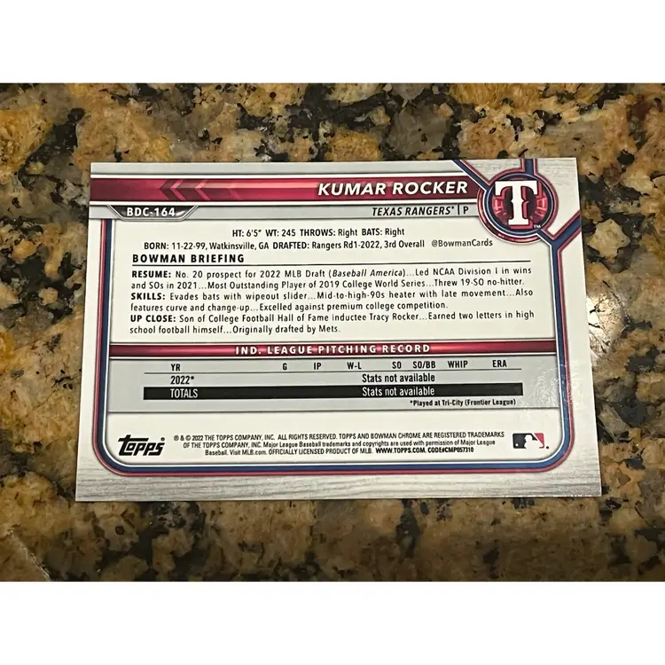 2022 Bowman Chrome - 1st Bowman Kumar Rocker - Texas Rangers