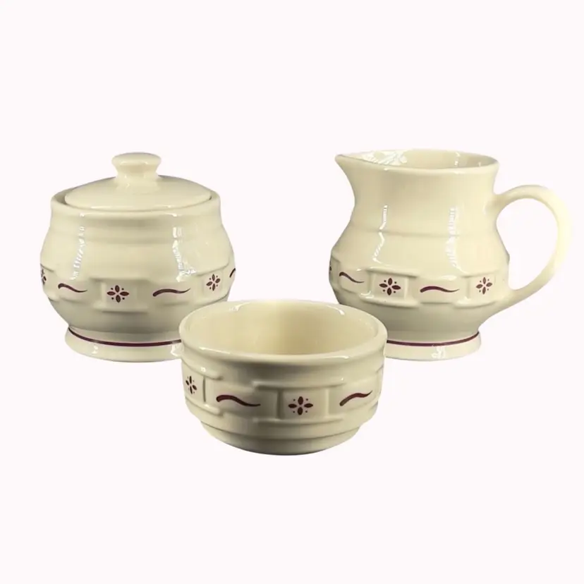 Vintage Cream Sugar Condiment Set Longaberger Pottery 4pc Ivory Woven Traditions Burgundy Flower & Embossed Basketweave Pattern USA