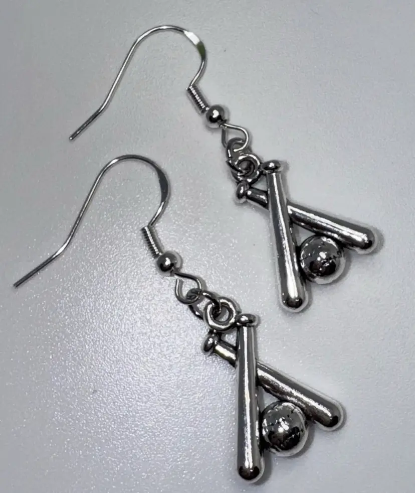 Baseball  & Bat Shaped Charm Handmade Dangle/Fishhook Earrings