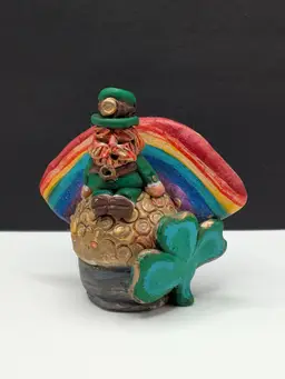Folk Art Handmade Hand Painted Polymer Clay THE ENCHANTED REALM by PAT LANE DIAZ Wausau, WI ST. PATRICK'S DAY ST. PATTY'S DAY LEPRECHAUN GOLD RAINBOW