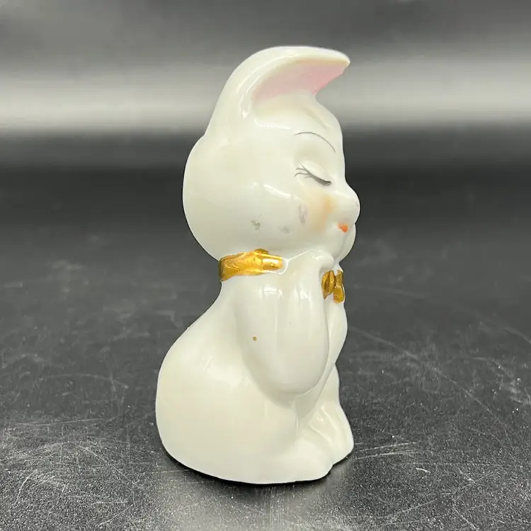 Vintage Anthropomorphic White Bunny Rabbit Eye Lashes Blush Cheeks Gold Bow Flirty Sweet