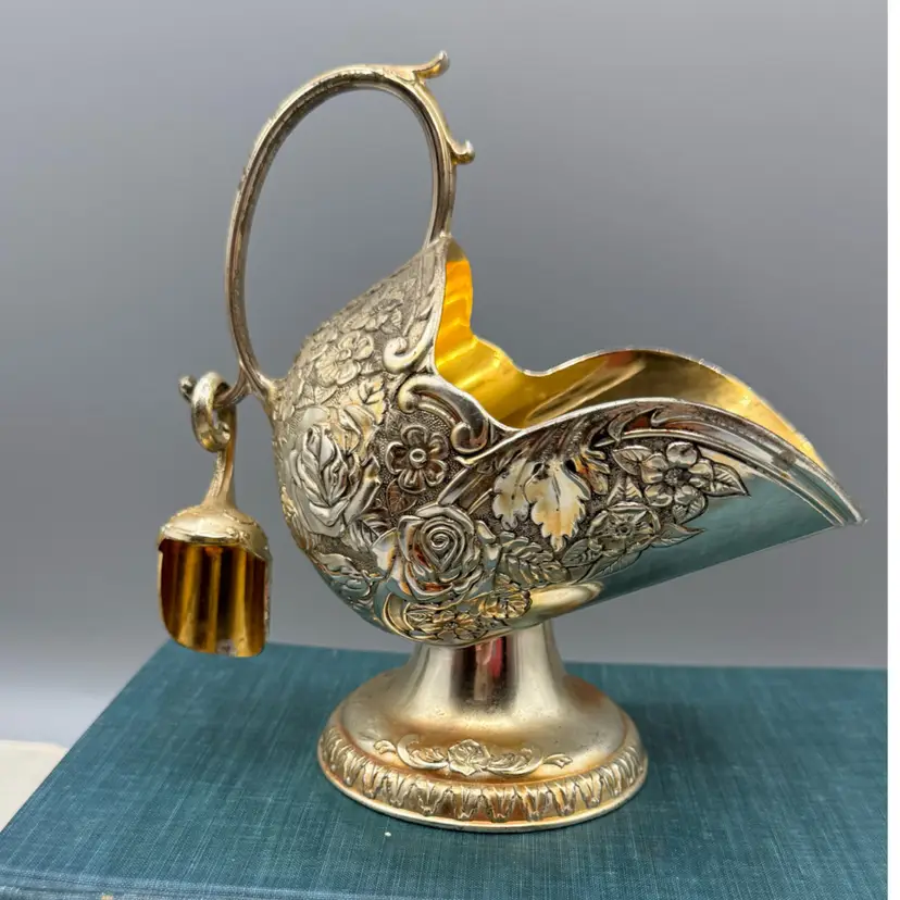 Vintage Silver-Plated Sugar Scuttle with Gold Wash Interior