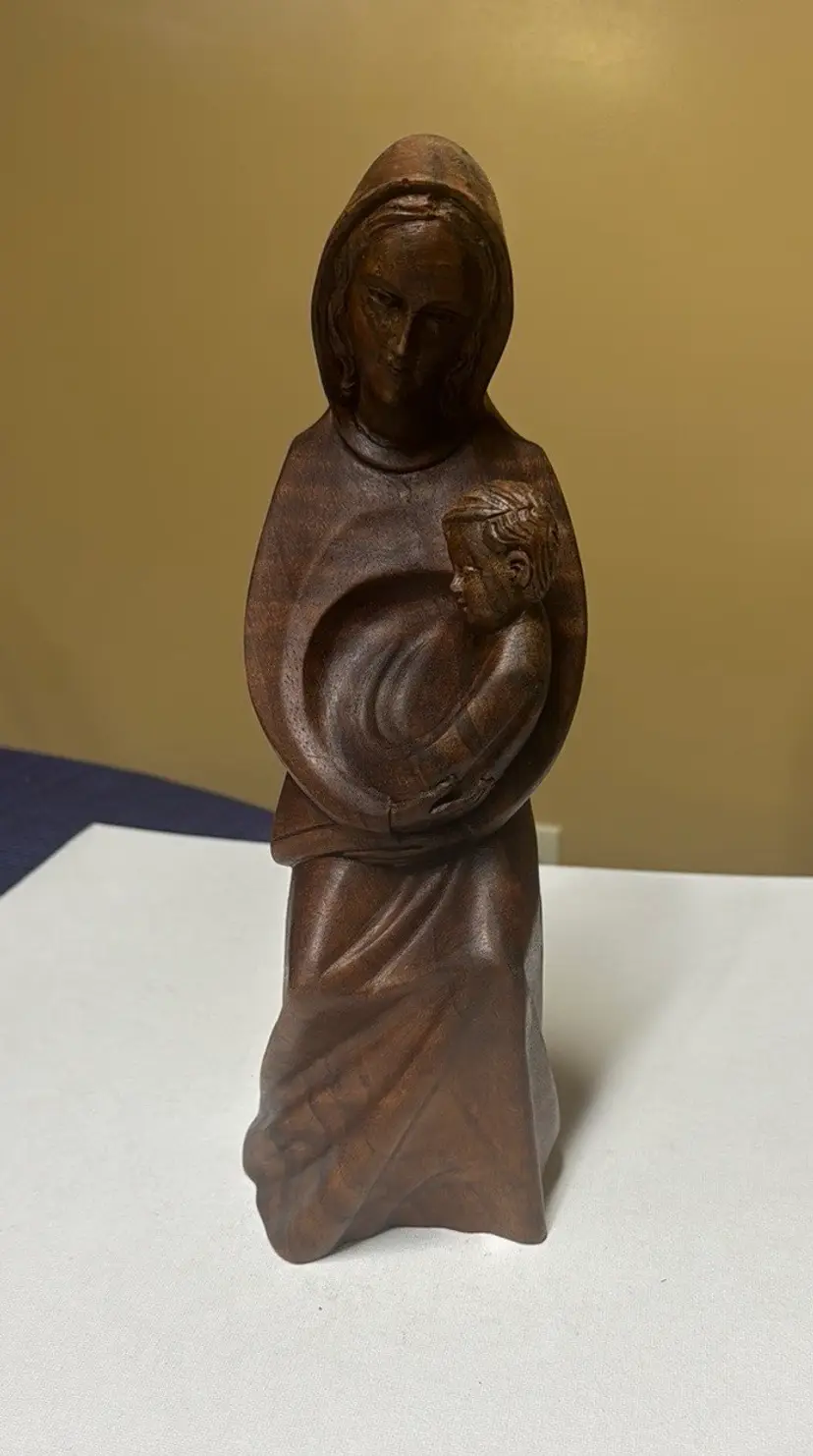 Mary and baby Jesus hand carved wood 11.5” tall