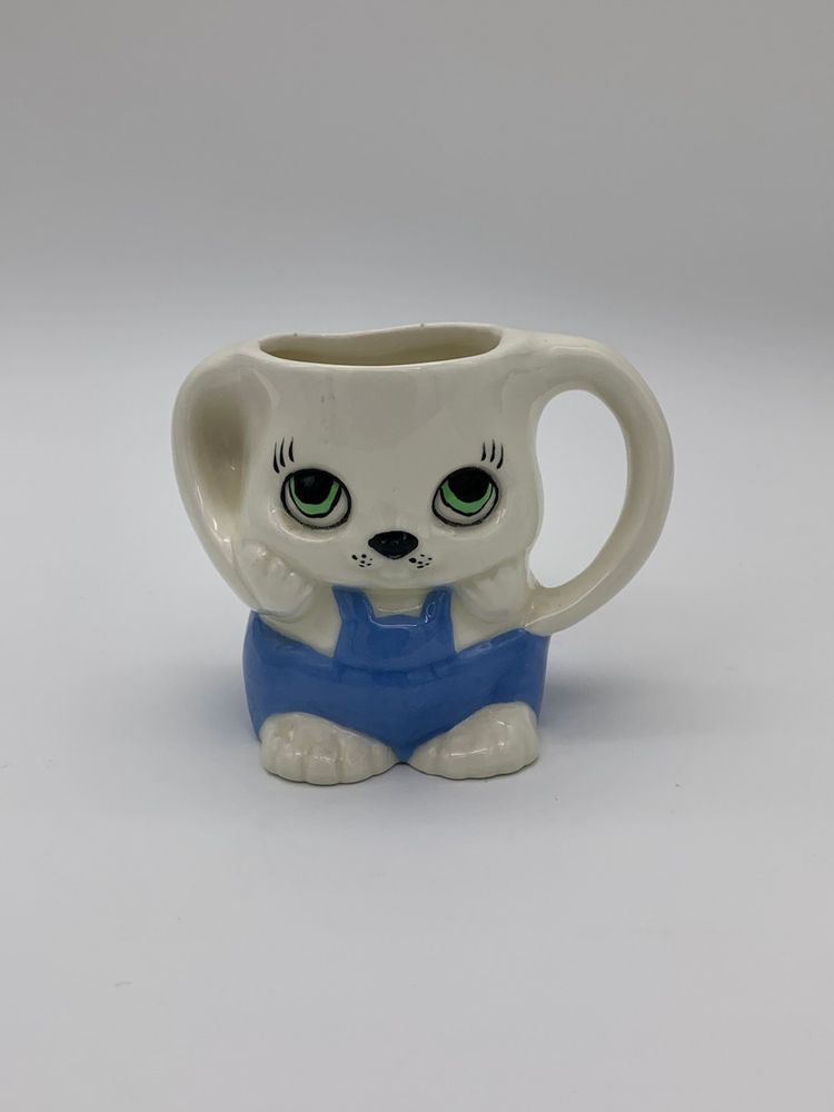Signed rmk Vtg. Hand-Painted  Ceramic Bunny Rabbit Mug Vase Planter With Handles