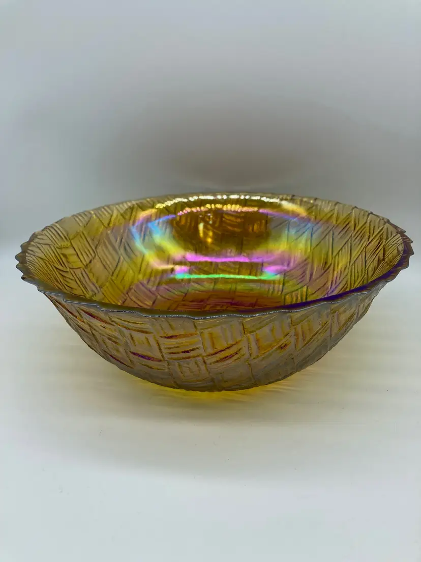 Vintage Indiana Glass Weavetex Basketweave Bowl Marigold Carnival Glass