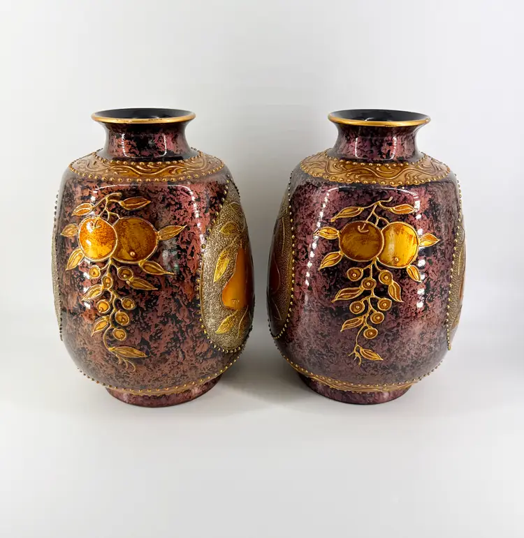 Pair Ceramic Golden Pears 12" Fruit Amethyst Black Mottled Vases Etched