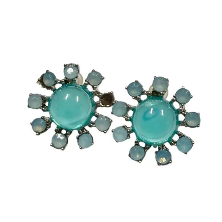 Vintage MCM Aqua Moonstone Starburst Cabochon Post Earrings, Pierced Ears AS IS READ