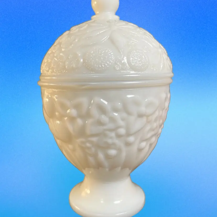 Milk Glass Floral Designed Egg Shaped Candy Dish on a Pedestal & w/ a Lid.