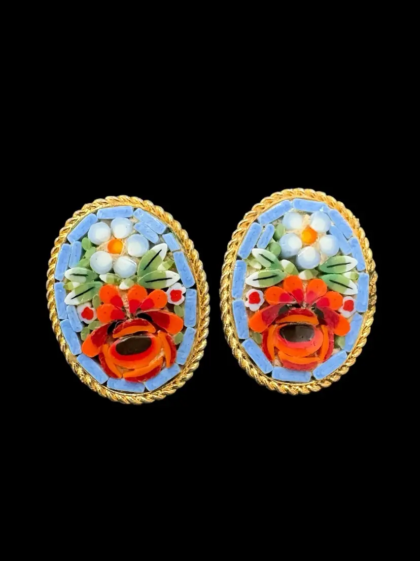 #01 12. Micro Mosaic Vintage Clip-on Earrings