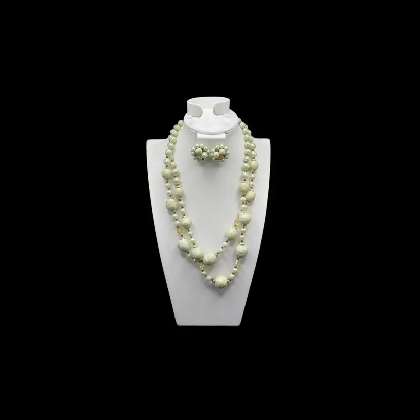 Vintage Japan Double Strand Necklace & Cluster Clip-on Earrings KK24