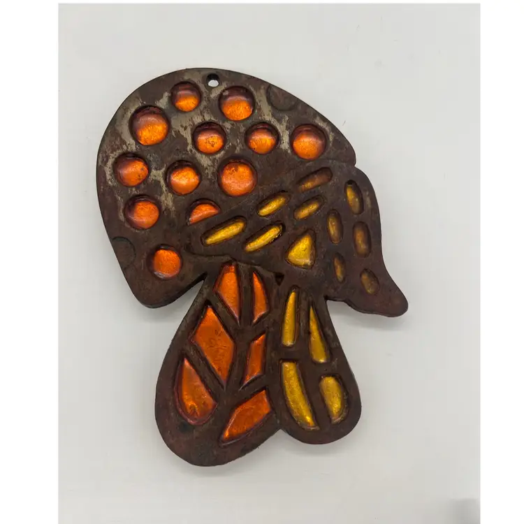 Vintage Cast Iron Mushroom Trivet Wall Decor Orange Yellow Foil