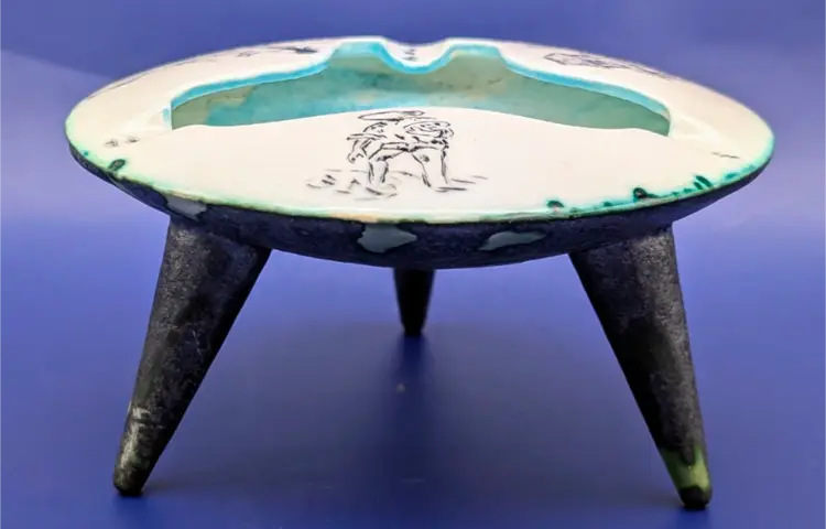 Vintage Japanese Ashtray with Hand Painted Farm Scenes, 3 Legs, Dated and Signed