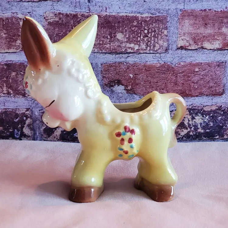 1940s MCM Yellow Hand Painted Kitsch Donkey Small Planter/Storage for small items.
