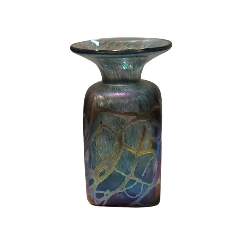 Vintage Signed Robert Held Art Glass Iridescent “Mermaid Seaweed” Vase With Original Sticker - 4.5”