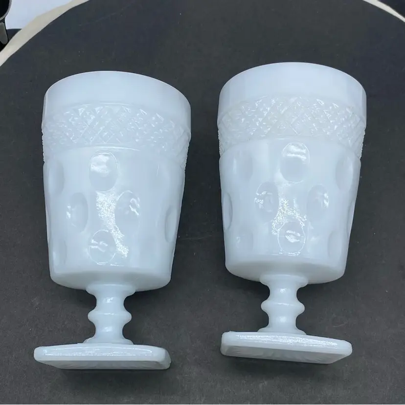 #0807 - Pair While Milk Glass Goblets Hobnail And Thumbprint Designs