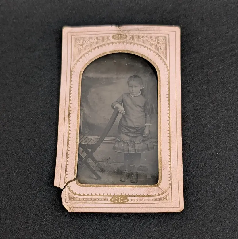 Antique Tintype Photograph of Young Girl in Dress with Chair Studio Photo