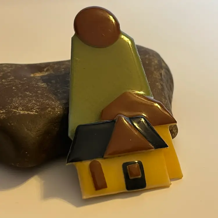 Vtg LUCINDA House Pin Yellow House Scene Green Mountain Lg Sun/Moon Accent 3" H