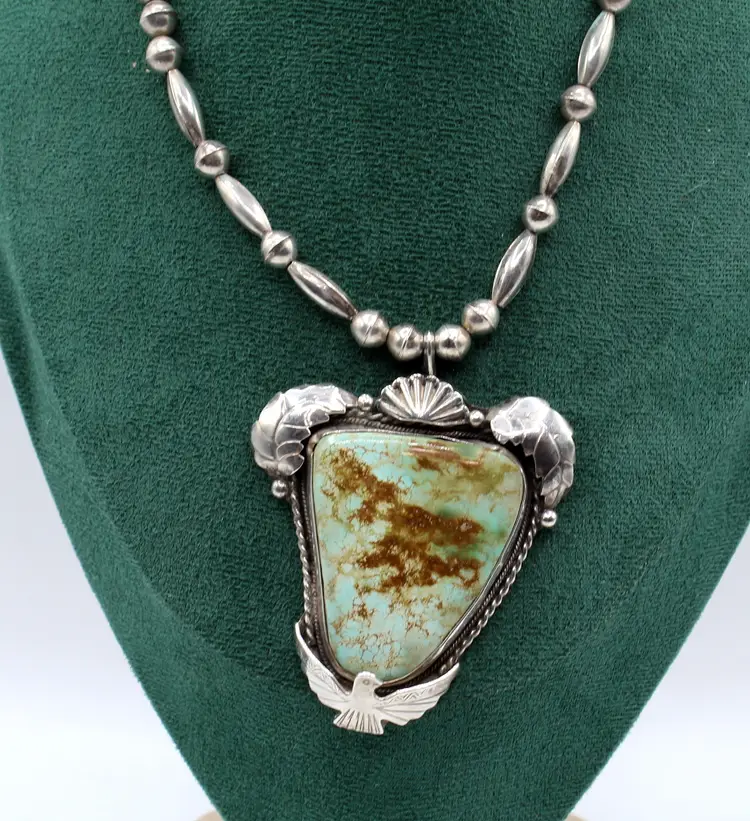Vintage Native American Royston turquoise sterling silver Thunderbird 14" necklace 60g