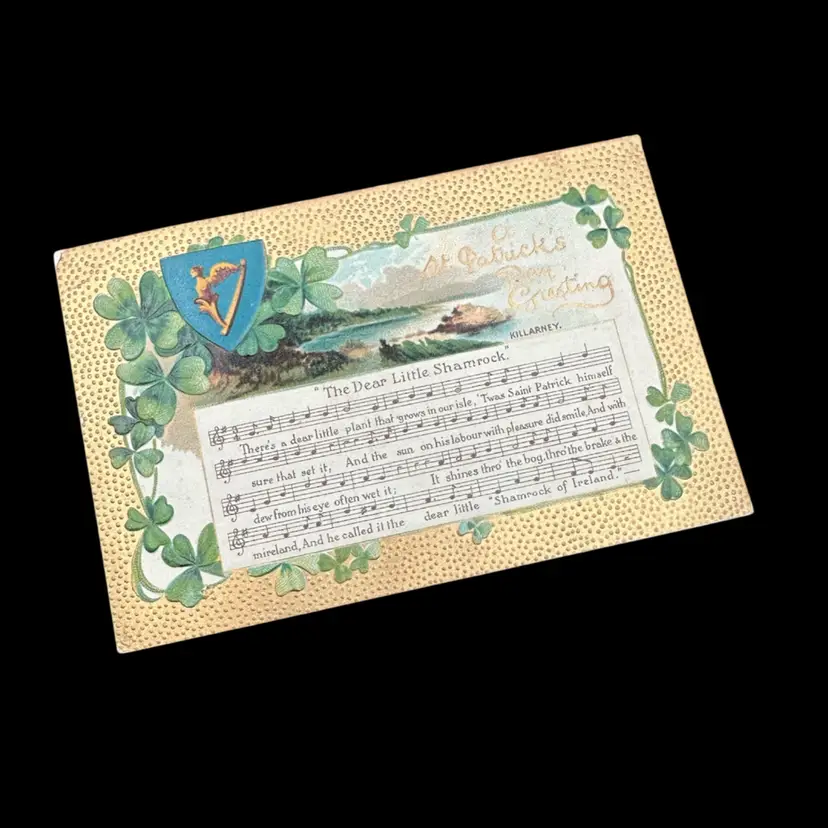 “The Dear Little Shamrock” Gilded Embossed Border With Clover Harp Antique Postcard, Unposted BB London & NY