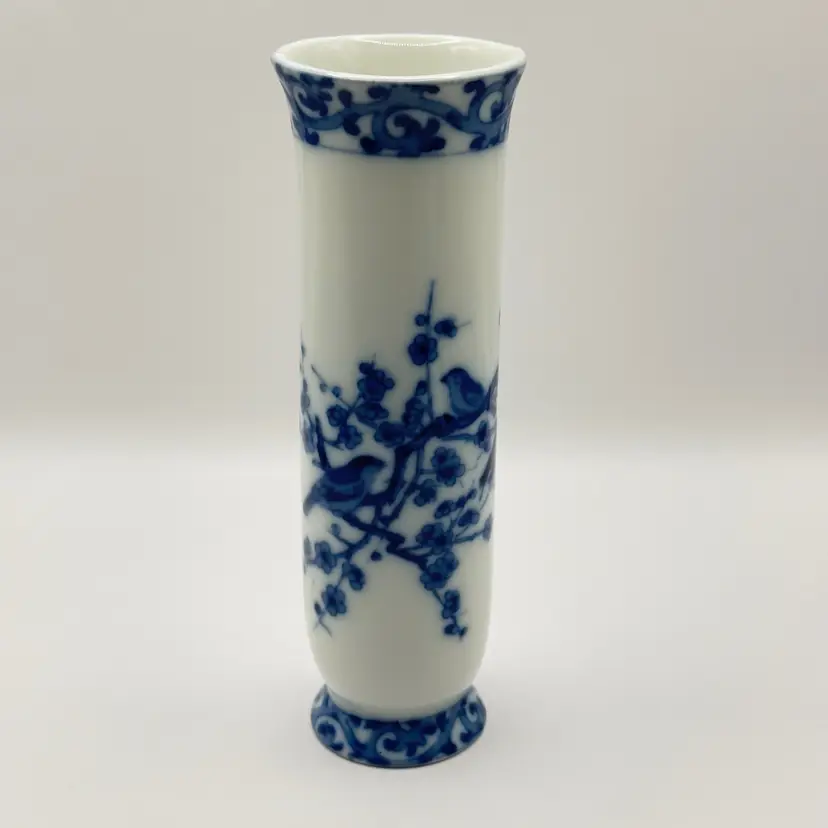 Vintage Blue and White Porcelain Vase with Wren Bird and Floral Design, Elegant Home Decor, By Andra By Sadek, Made in Japan
