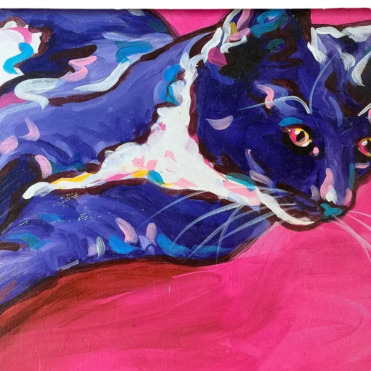 Artist Signed Acrylic 16"x16" Cat And Mouse On Pink Background