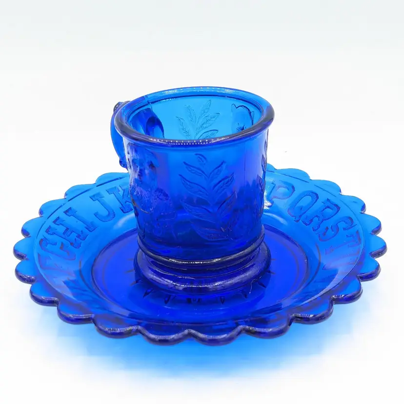 Vintage Cobalt Blue Mosser Glass Child's Mug & Alphabet Plate