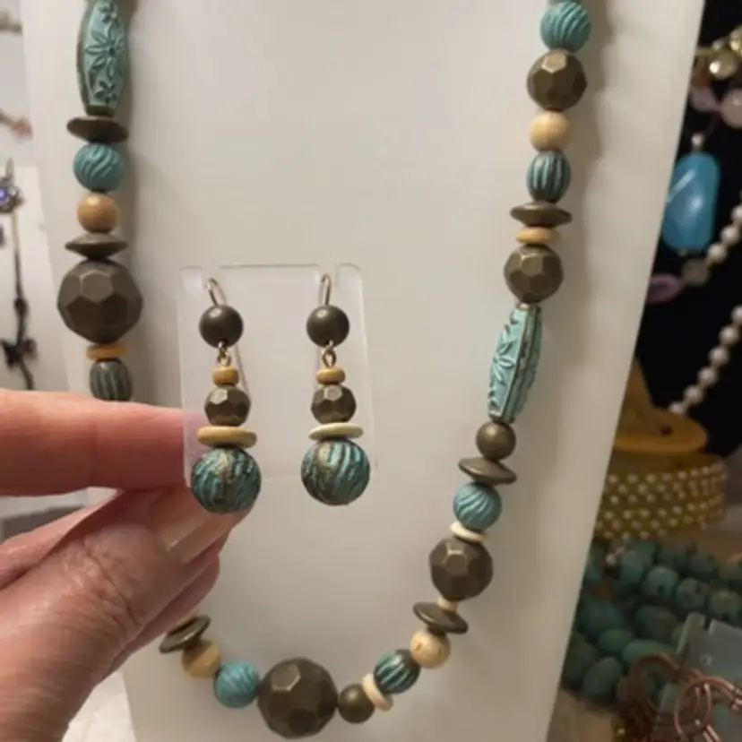 30 Inch Long Necklace With Wood And Metal Beads And Matching Earrings