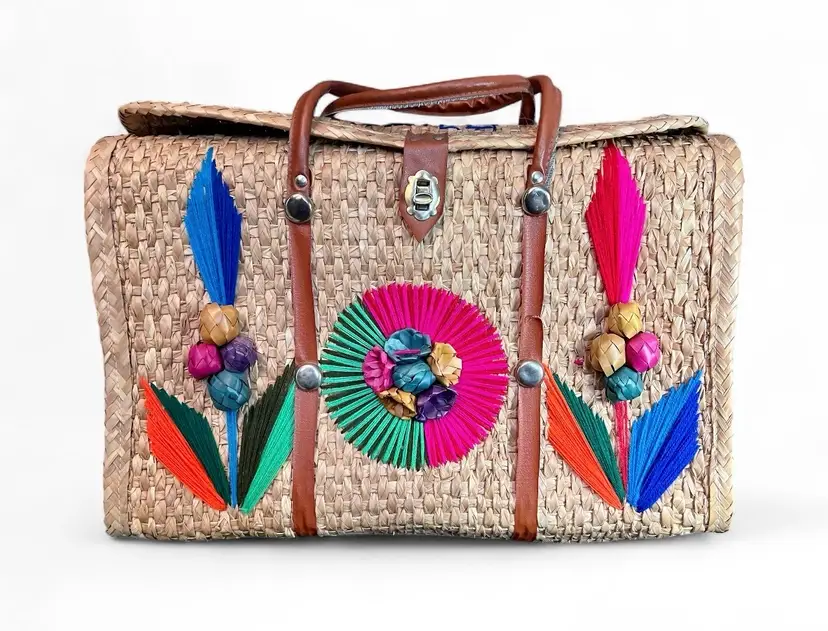 Vintage 1960’s Mexico Colorful Oversized Raffia Straw Tote Bag